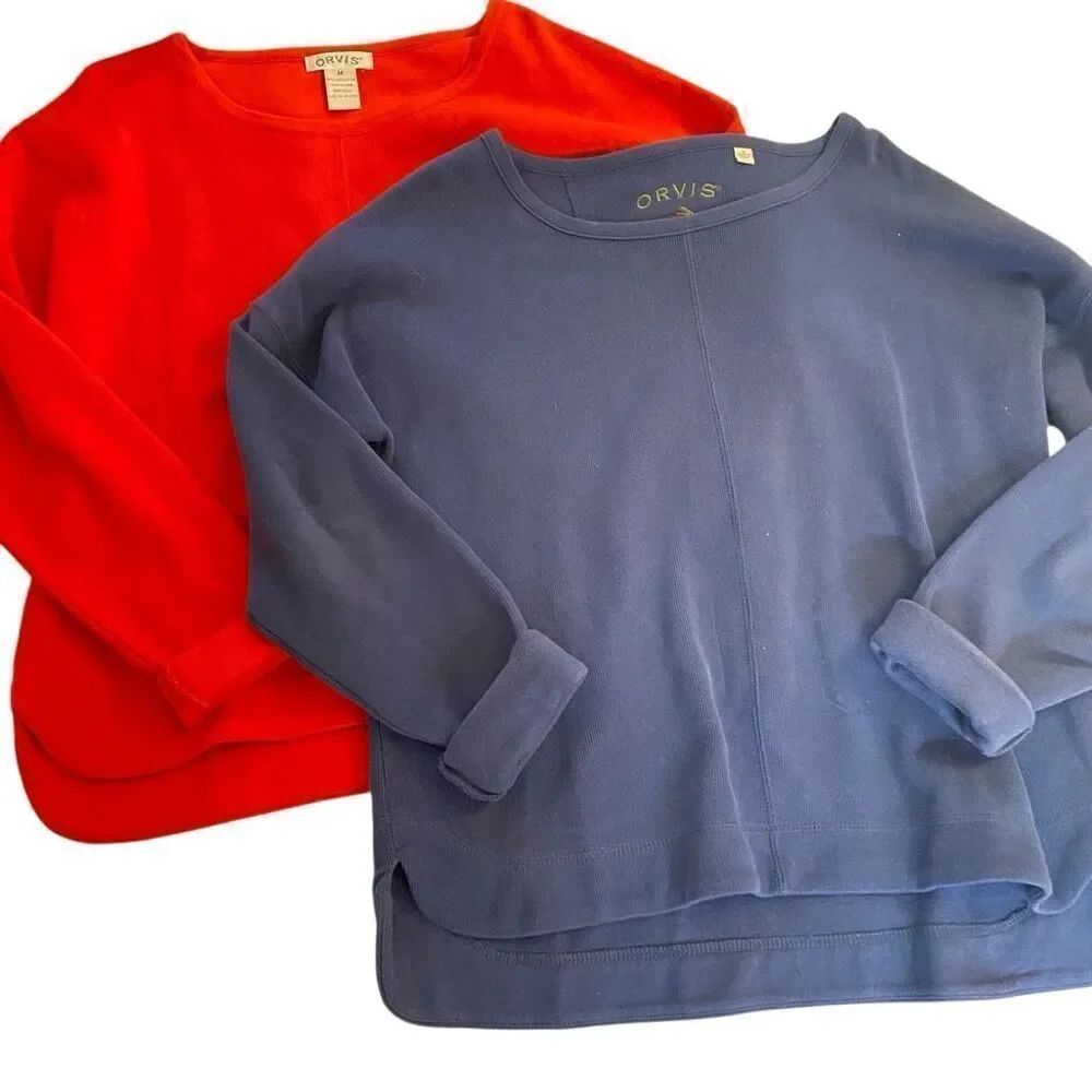 Lot of 2 Orvis medium long sleeve comfy sweater red and blue